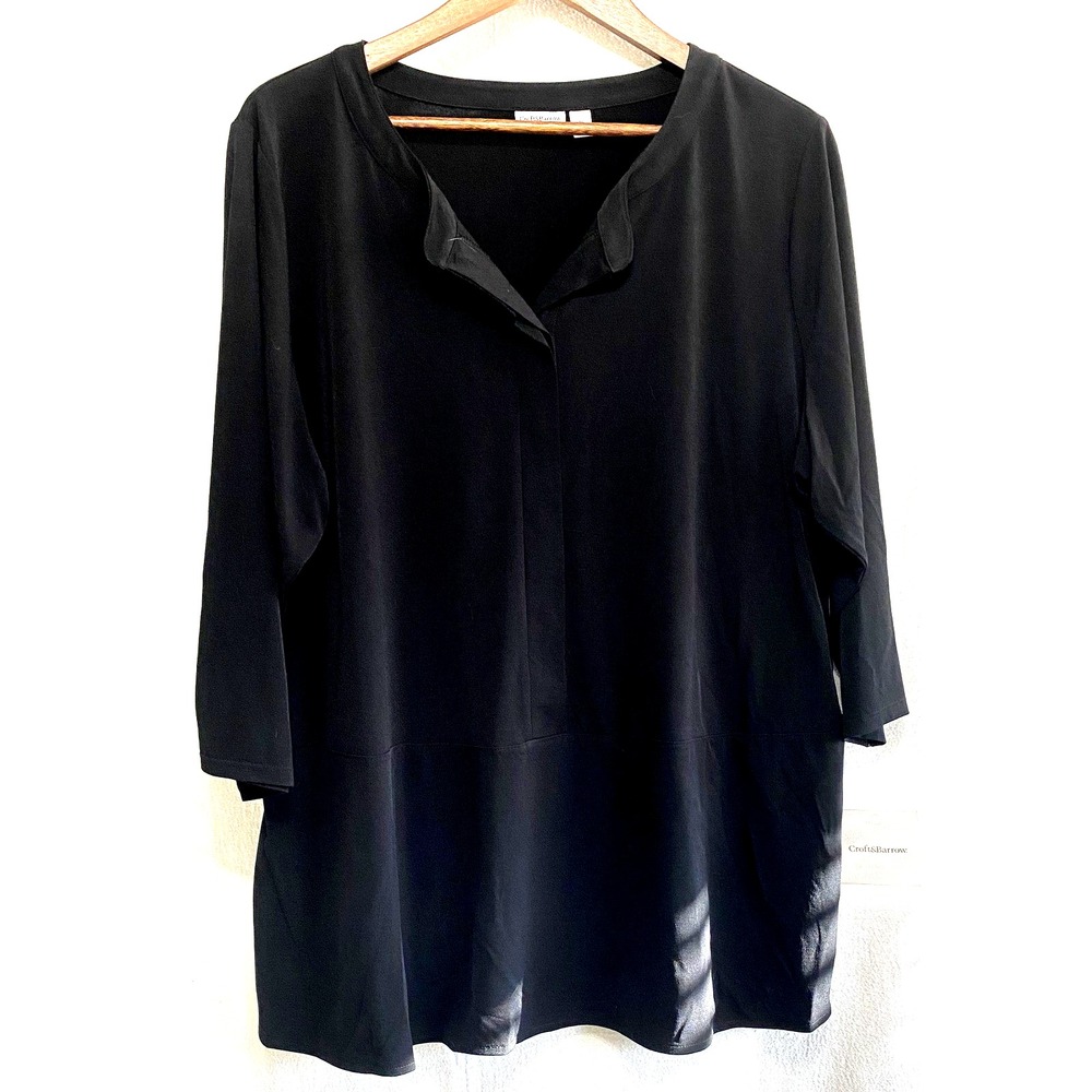 Croft & Barrow Black Tunic Top 1X 3/4 Sleeve Blouse Flowy Minimalist‎ NWT